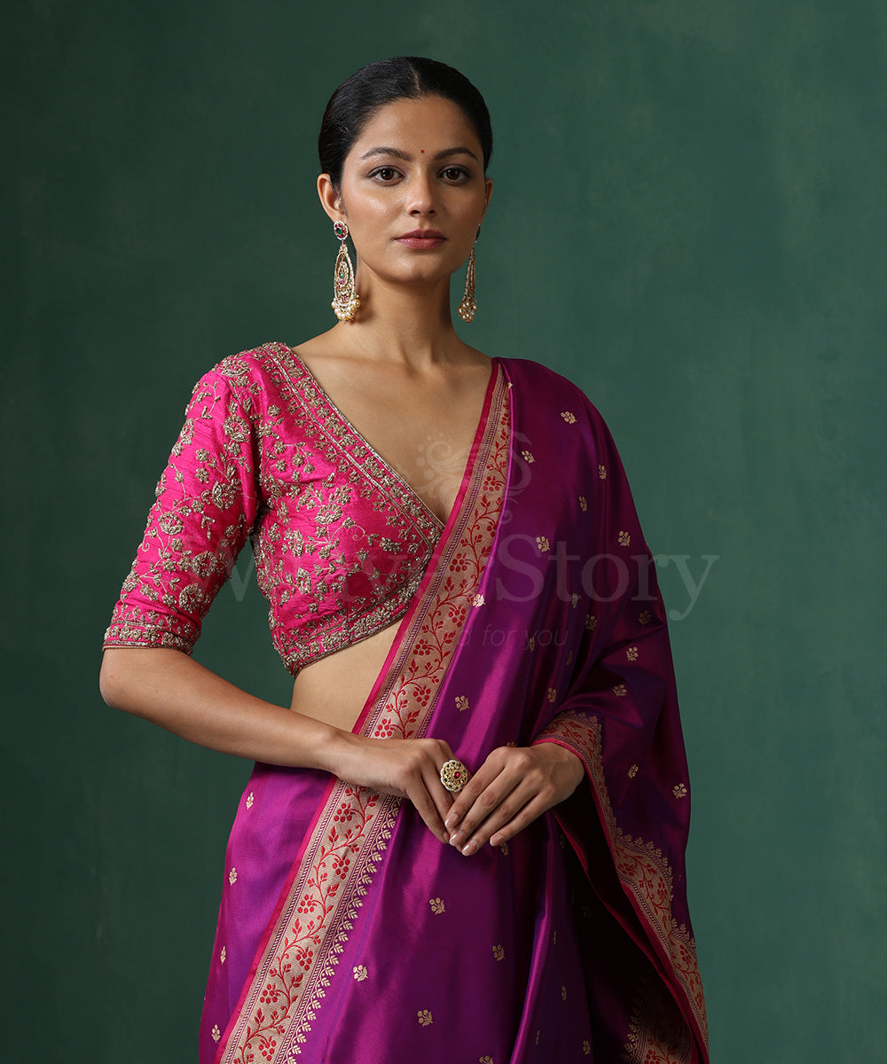 Hot_Pink_Raw_Silk_Blouse_With_Heavy_Jaal_And_Zardozi_Work_WeaverStory_01