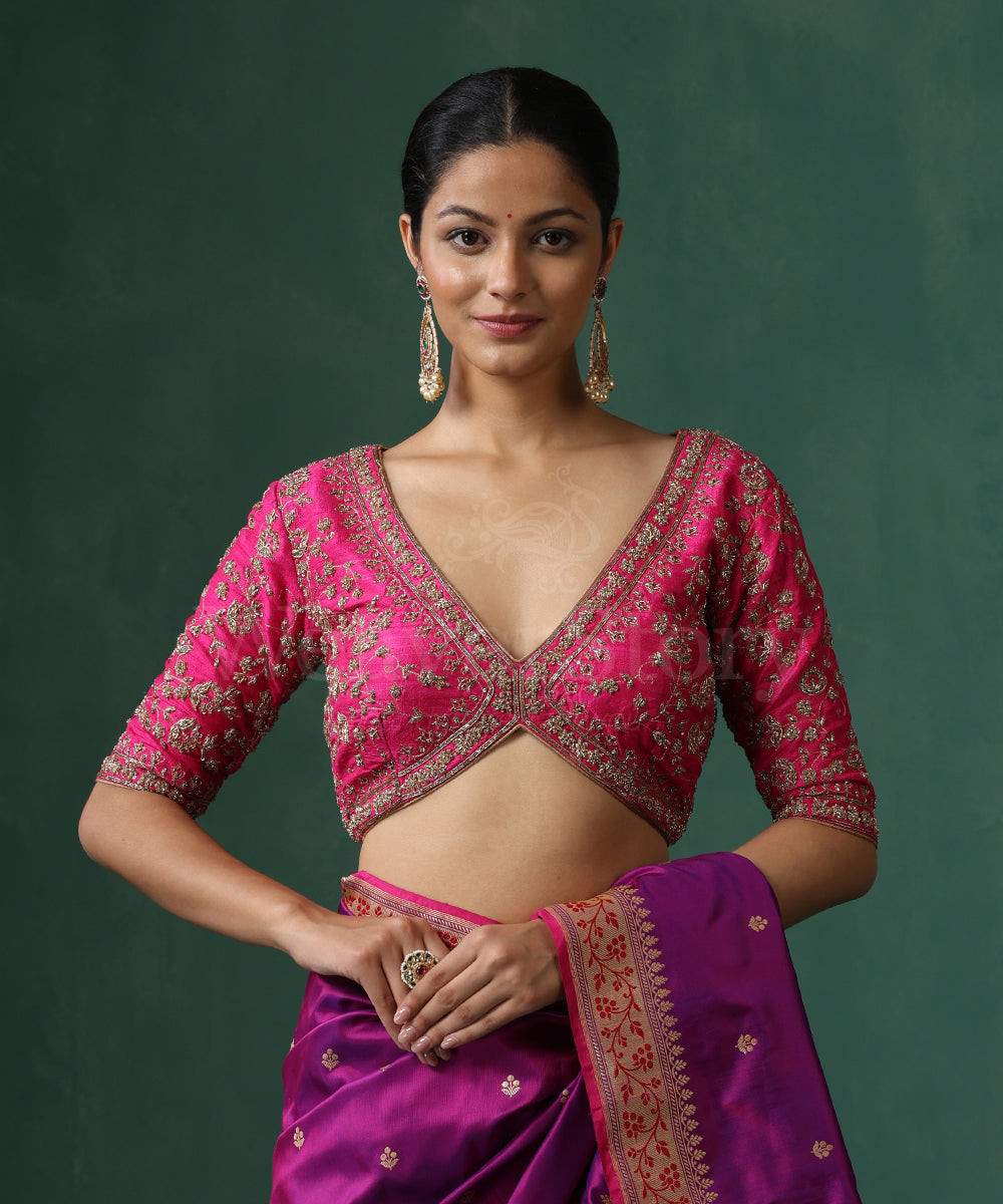 Hot_Pink_Raw_Silk_Blouse_With_Heavy_Jaal_And_Zardozi_Work_WeaverStory_02