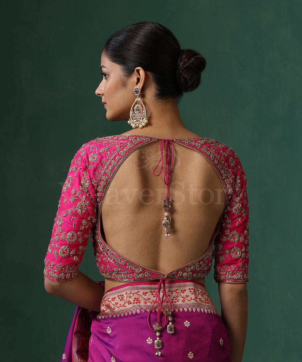 Hot_Pink_Raw_Silk_Blouse_With_Heavy_Jaal_And_Zardozi_Work_WeaverStory_07