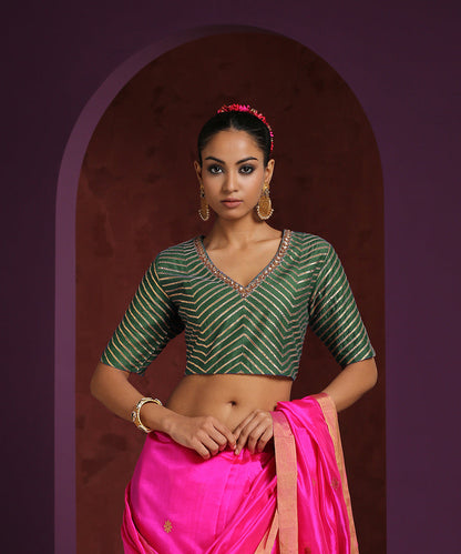 Handcrafted Green Moonga Silk Blouse With Gota Patti And Zardozi Work Blouses/ Crop Tops