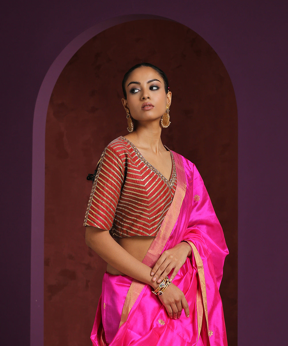 Handcrafted Maroon Moonga Silk Blouse With Gota Patti And Zardozi Work Blouses/ Crop Tops