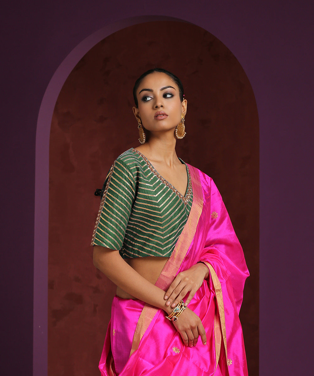 Handcrafted Green Moonga Silk Blouse With Gota Patti And Zardozi Work Blouses/ Crop Tops