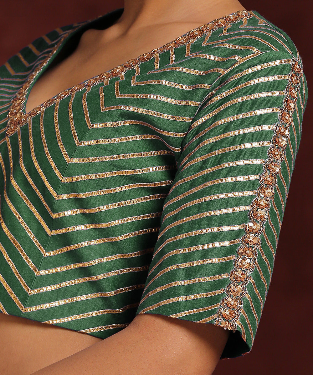 Handcrafted Green Moonga Silk Blouse With Gota Patti And Zardozi Work Blouses/ Crop Tops