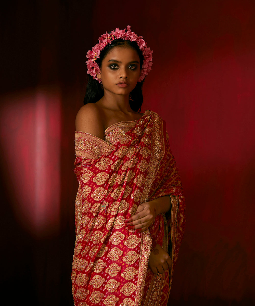 Red Handloom Pure Georgette Banarasi Bandhej Saree With Hand Embroidery