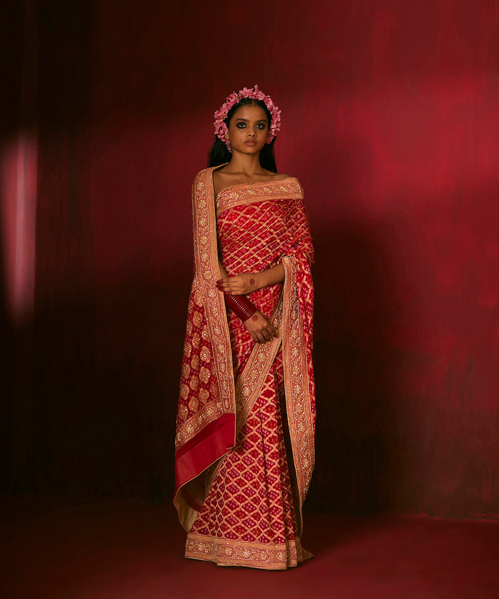 Red Handloom Pure Georgette Banarasi Bandhej Saree With Hand Embroidery
