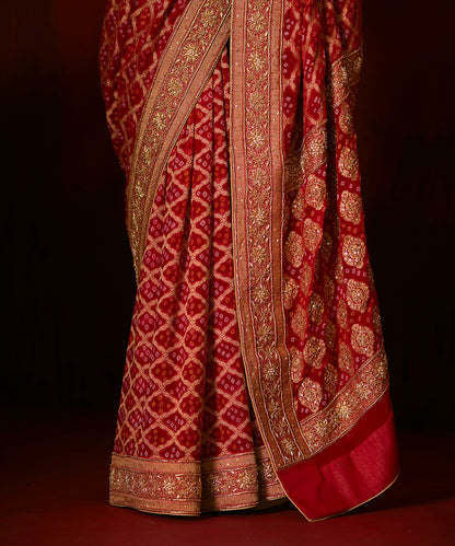 Red Handloom Pure Georgette Banarasi Bandhej Saree With Hand Embroidery