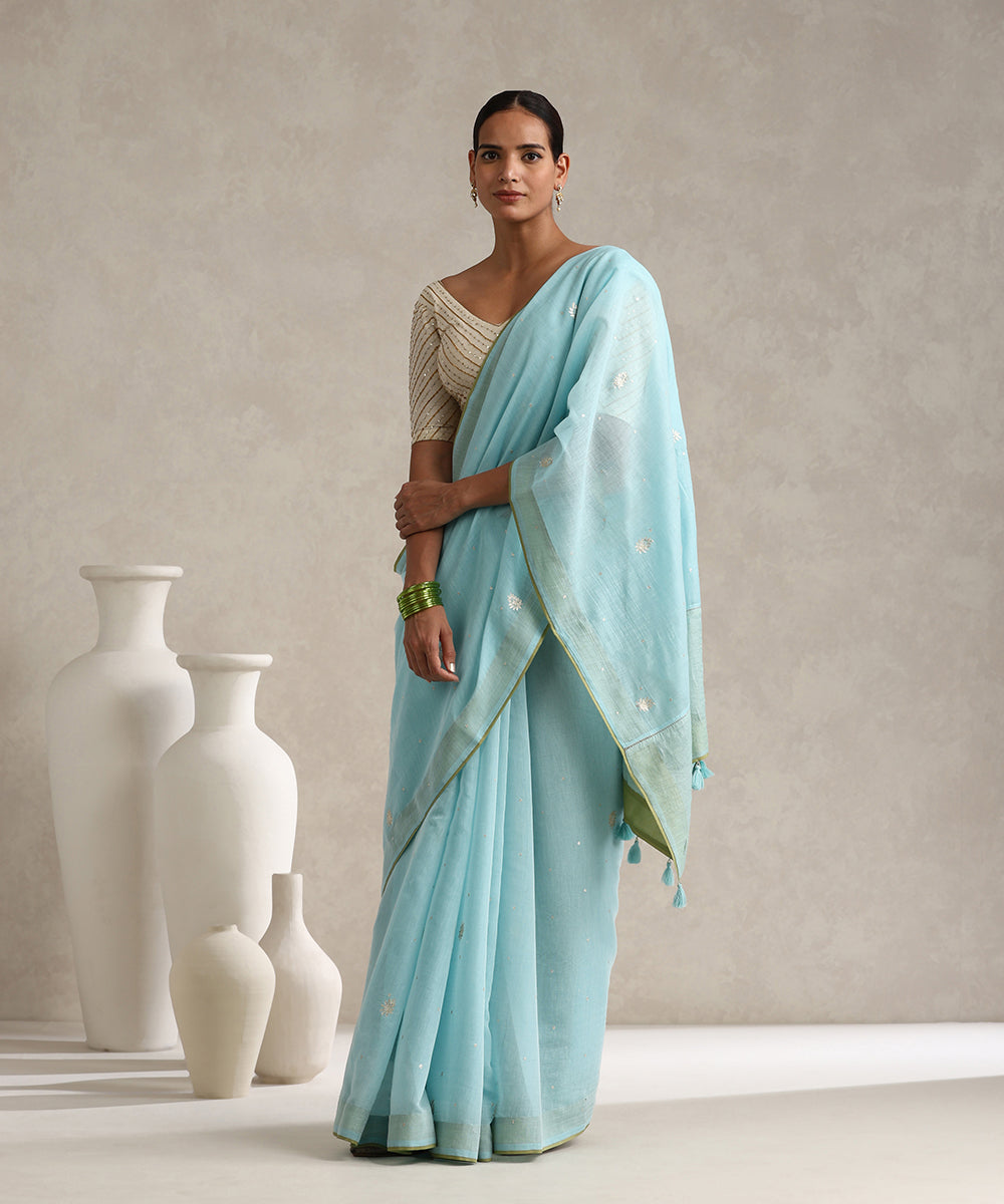 Handloom_Light_Blue_Pure_Chanderi_Saree_With_Green_Finishing_And_Hand_Embroidery_WeaverStory_01