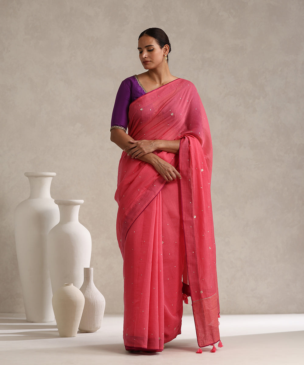 Coral_Handloom_Pure_Chanderi_Saree_With_Hand_Embroidery_And_Magenta_Finishing_WeaverStory_01