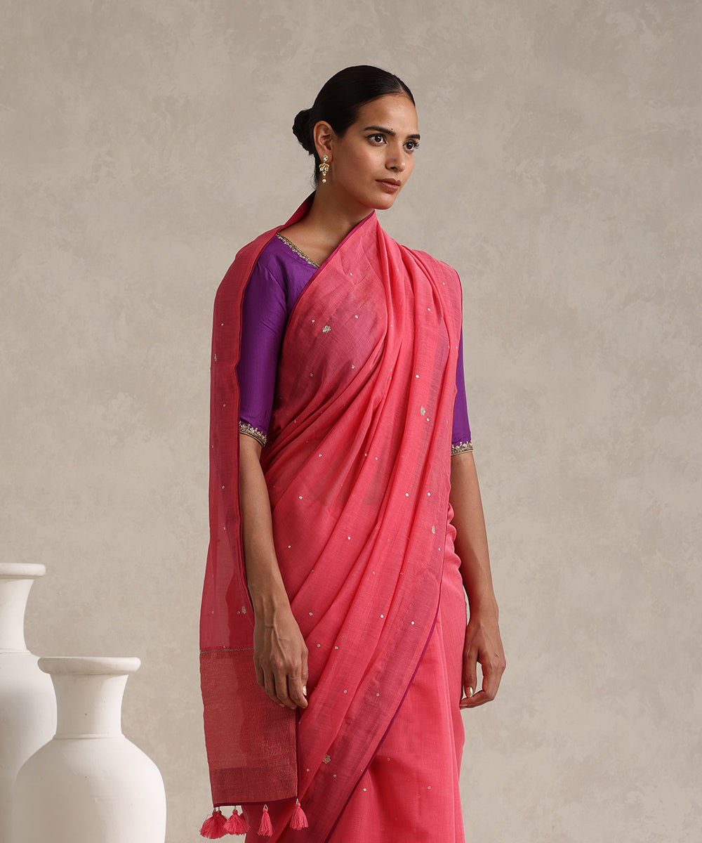 Coral_Handloom_Pure_Chanderi_Saree_With_Hand_Embroidery_And_Magenta_Finishing_WeaverStory_02