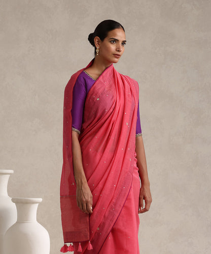 Coral_Handloom_Pure_Chanderi_Saree_With_Hand_Embroidery_And_Magenta_Finishing_WeaverStory_02