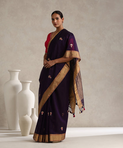 Purple_Handloom_Pure_Chanderi_Saree_With_Magenta_Hand_Embroidered_Booti_WeaverStory_01