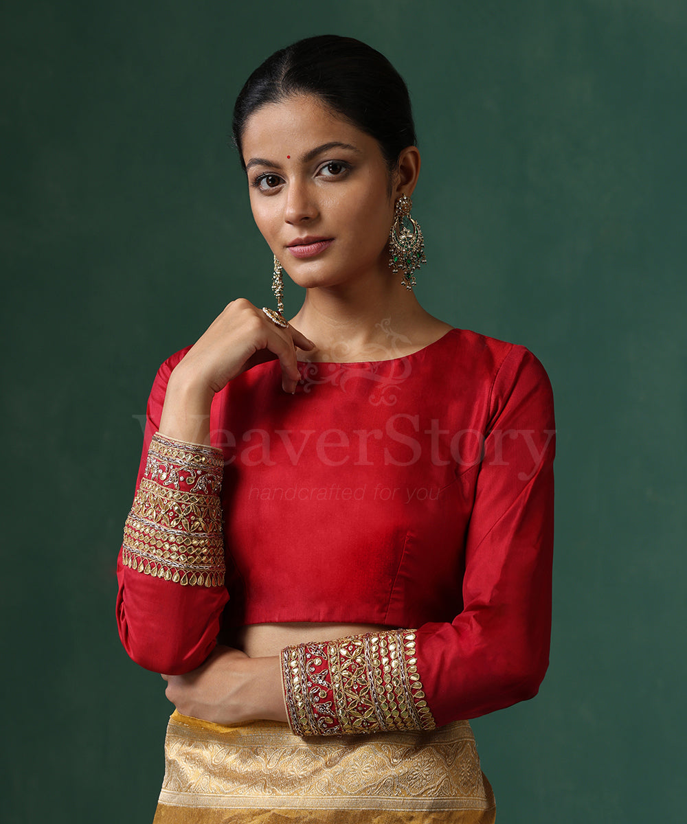 Red_Pure_Silk_Blouse_With_Gota_Embroidrey_On_Sleeves_WeaverStory_02