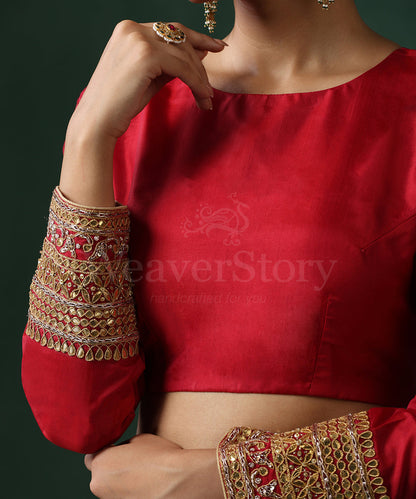 Red_Pure_Silk_Blouse_With_Gota_Embroidrey_On_Sleeves_WeaverStory_03