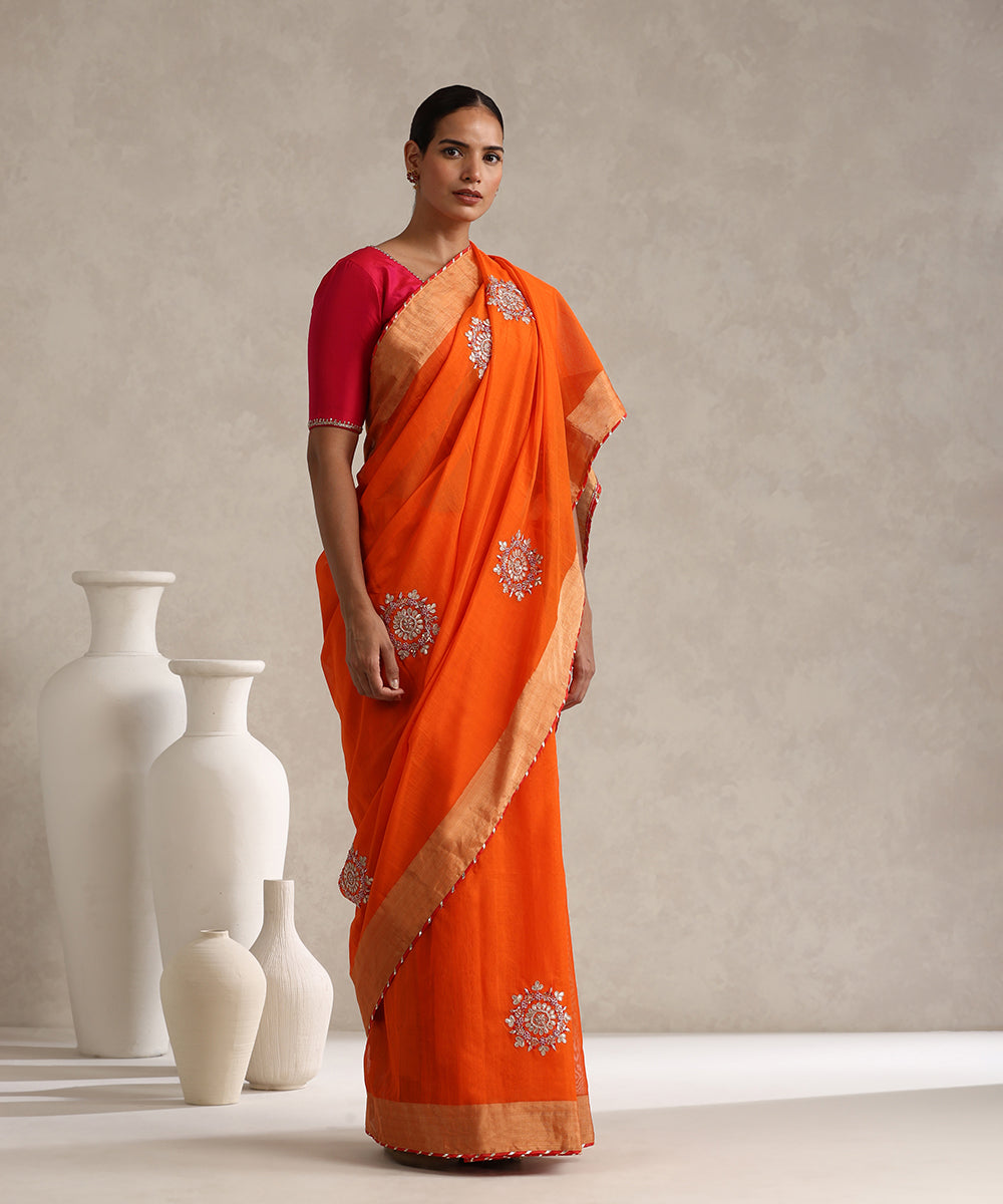 Orange_Handloom_Pure_Chanderi_Saree_With_Rangoli_Hand_Embroidered_Boota_WeaverStory_01