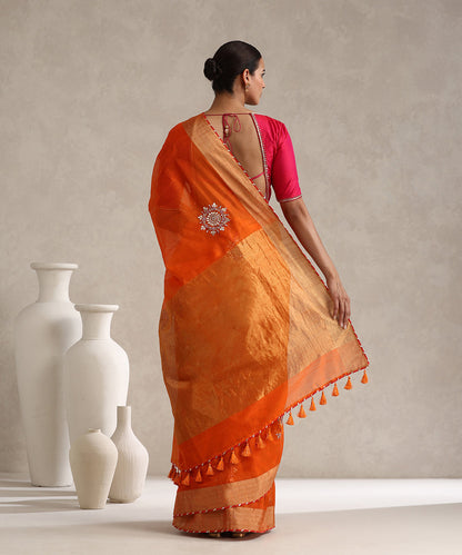 Orange_Handloom_Pure_Chanderi_Saree_With_Rangoli_Hand_Embroidered_Boota_WeaverStory_03