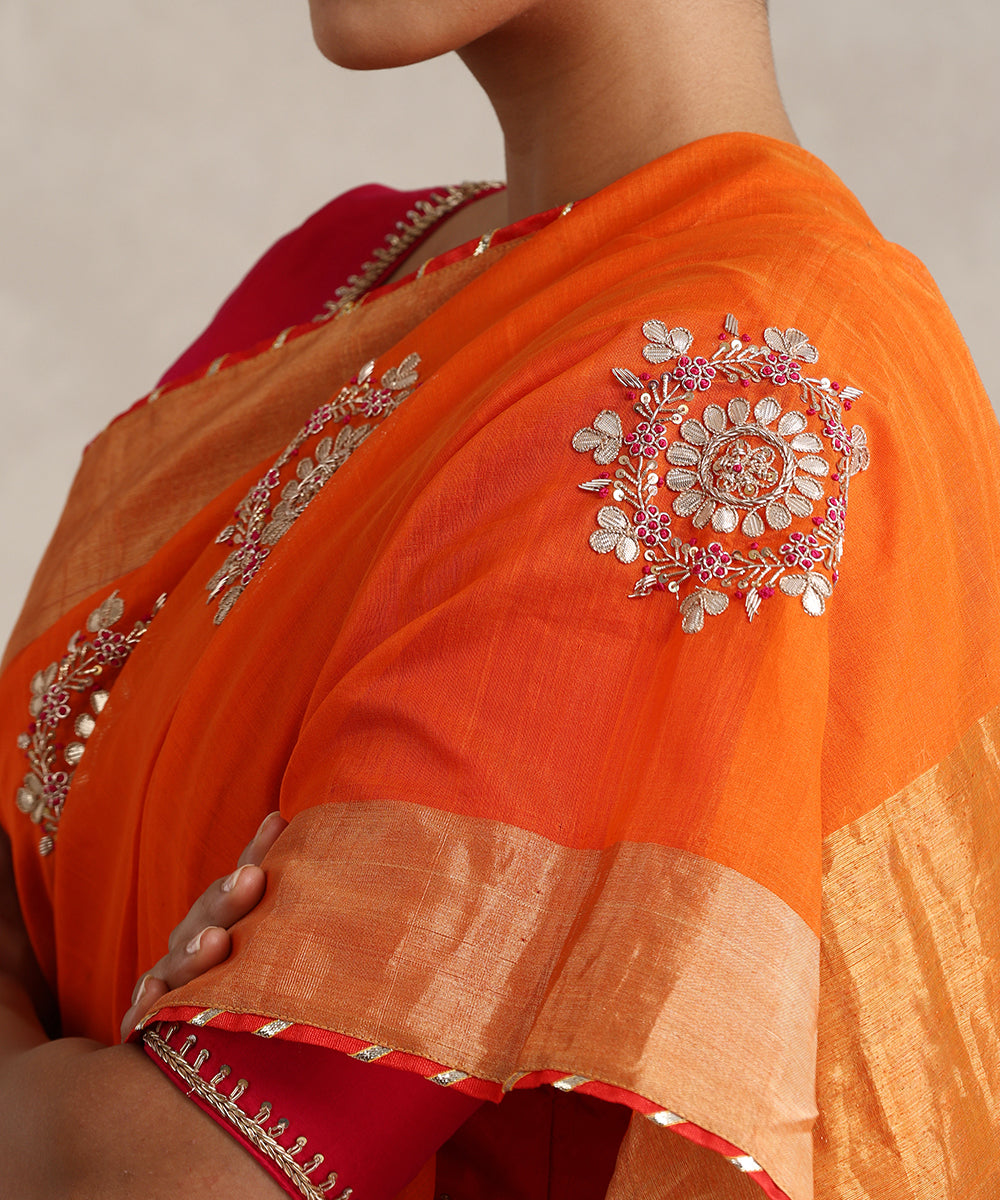 Orange_Handloom_Pure_Chanderi_Saree_With_Rangoli_Hand_Embroidered_Boota_WeaverStory_04