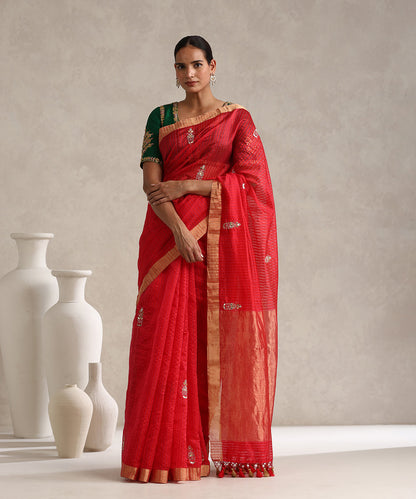 Red_Handloom_Pure_Striped_Chanderi_Saree_With_Hand_Embroidered_Leaf_Booti_WeaverStory_01