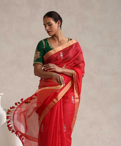 Red_Handloom_Pure_Striped_Chanderi_Saree_With_Hand_Embroidered_Leaf_Booti_WeaverStory_02