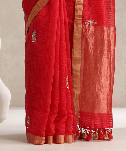 Red_Handloom_Pure_Striped_Chanderi_Saree_With_Hand_Embroidered_Leaf_Booti_WeaverStory_05