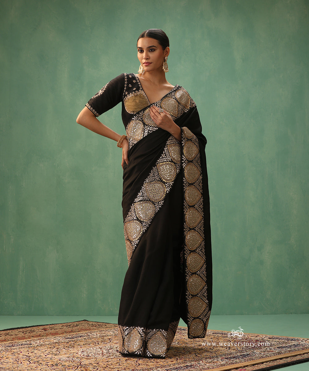 Black_Chiniya_Silk_Saree_With_Gota_Hand_Embroidery_WeaverStory_02