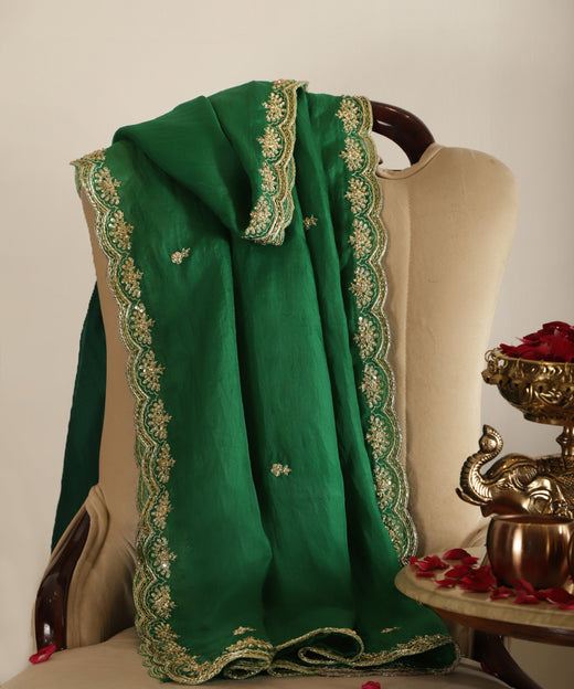Green Organza Handloom Scalloped Border Zardozi Embroidered Dupatta