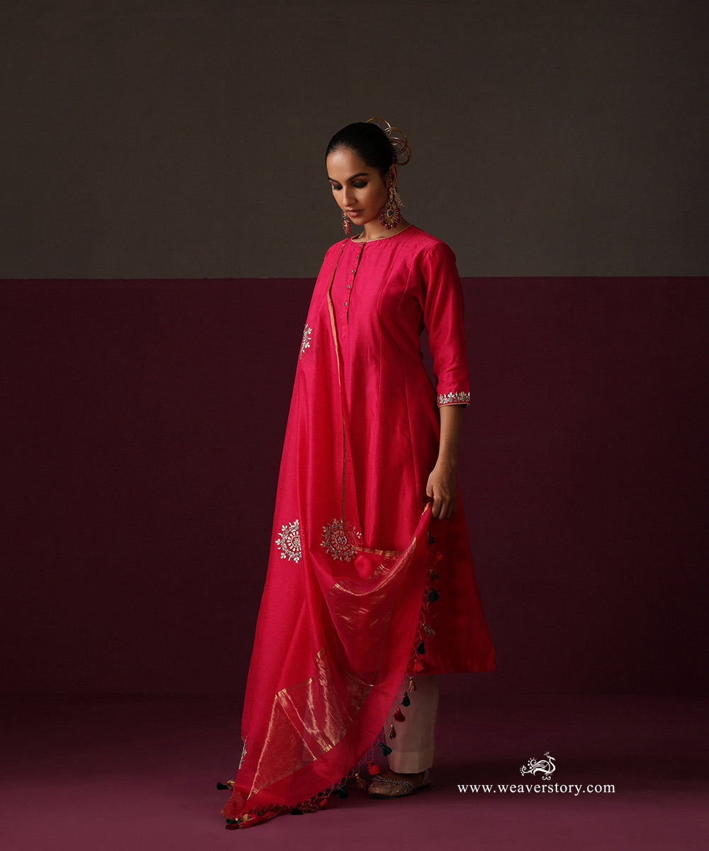 Inaya | Hot Pink Handwoven Chanderi Suit with Rangoli Boota Dupatta