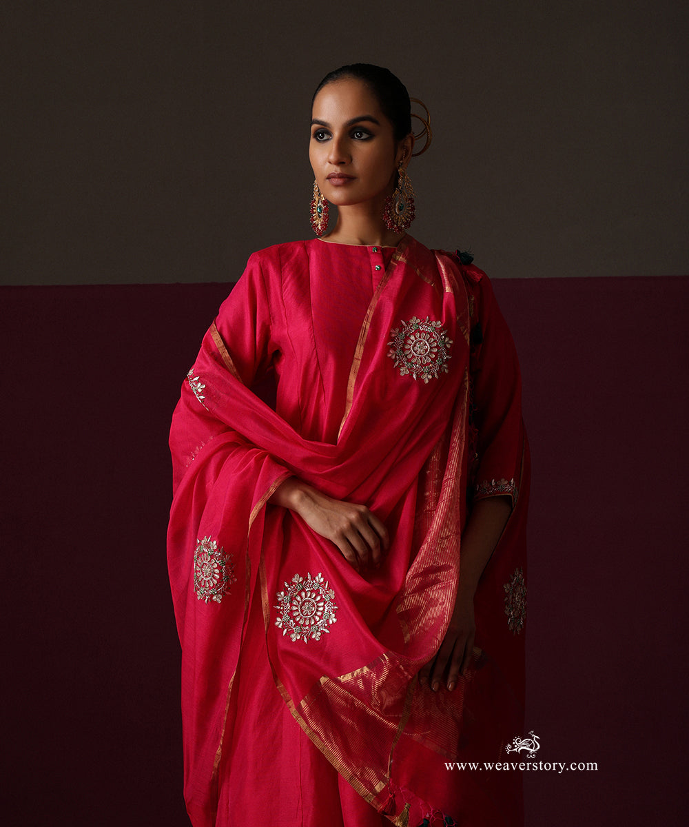Inaya | Hot Pink Handwoven Chanderi Suit with Rangoli Boota Dupatta