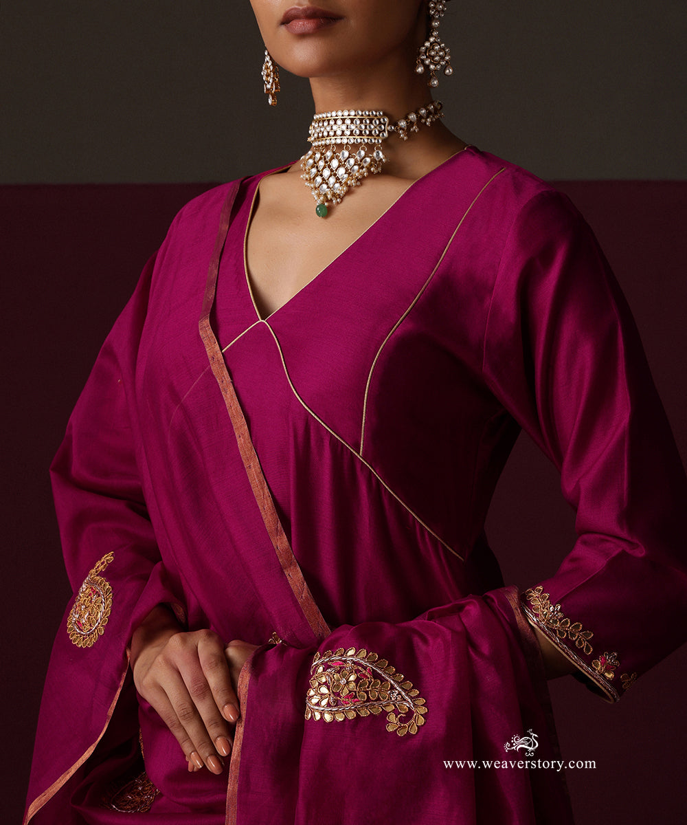Ambreen | Deep Magenta Handwoven Chanderi Suit with Gota Patti Dupatta
