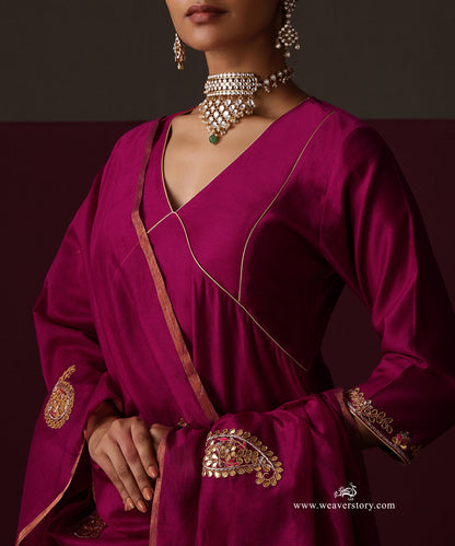 Ambreen | Deep Magenta Handwoven Chanderi Suit with Gota Patti Dupatta