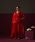 Front view of Aafreen’s blood red Chanderi straight kurta with embroidered V neckline and matching pants