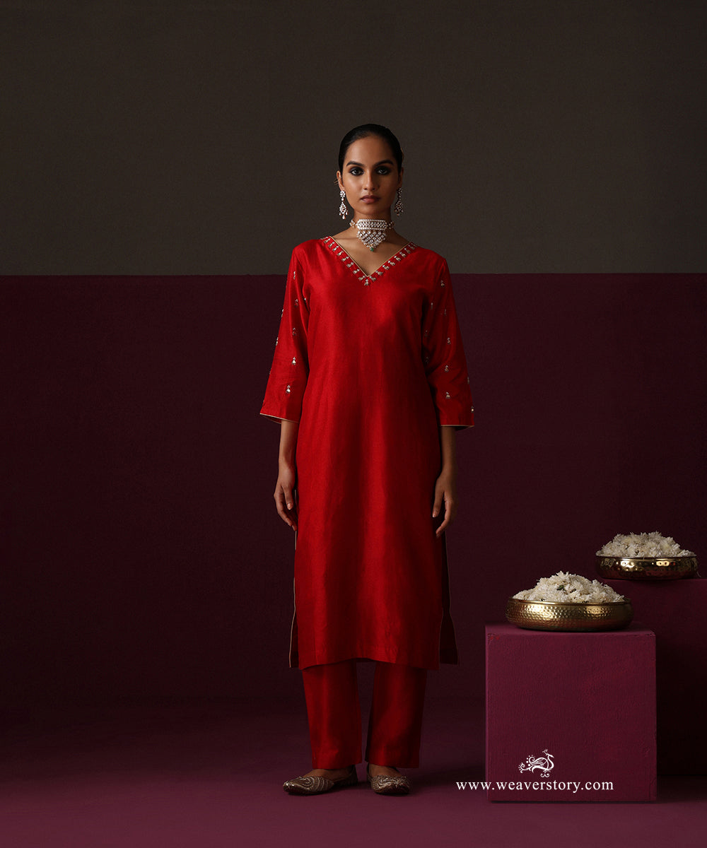 Aafreen | Blood Red Handwoven Chanderi Suit with Floral Gota Patti Dupatta