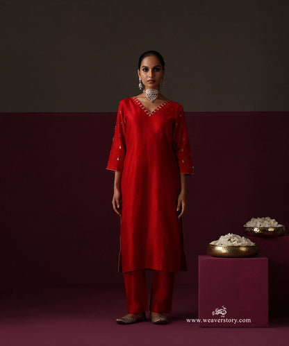 Aafreen | Blood Red Handwoven Chanderi Suit with Floral Gota Patti Dupatta