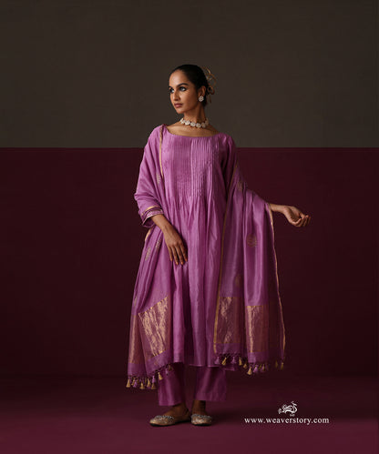 Front view of the orchid purple pleated kurta with matching pants and a gold-bordered embroidered dupatta