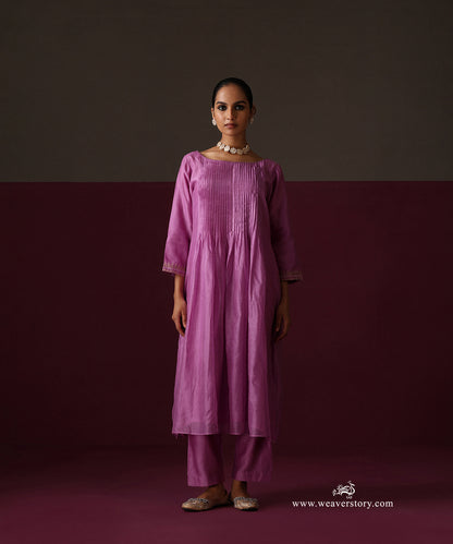 Front view of the orchid purple Chanderi kurta with vertical pleats and matching straight pants