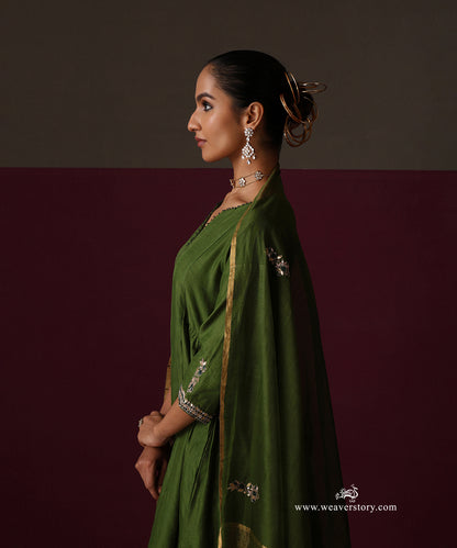 Meher | Heena Green Handwoven Chanderi Suit with Embroidered Dupatta