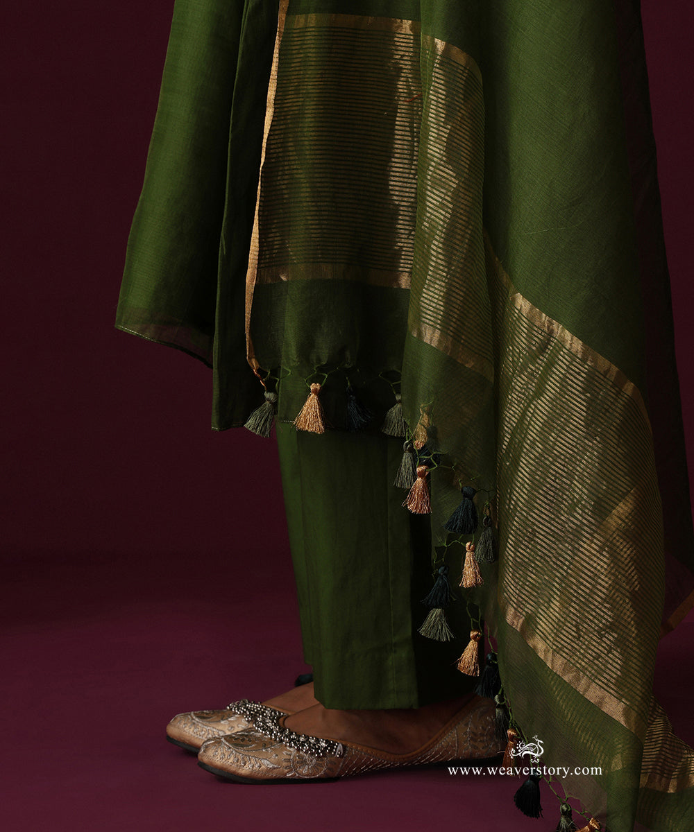 Meher | Heena Green Handwoven Chanderi Suit with Embroidered Dupatta