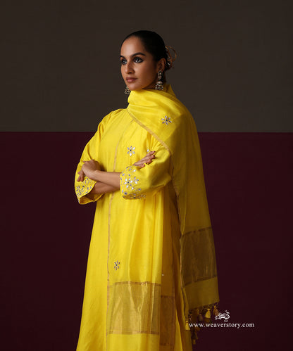Ziya | Yellow Handwoven Chanderi A-Line Suit with Gota Patti Dupatta