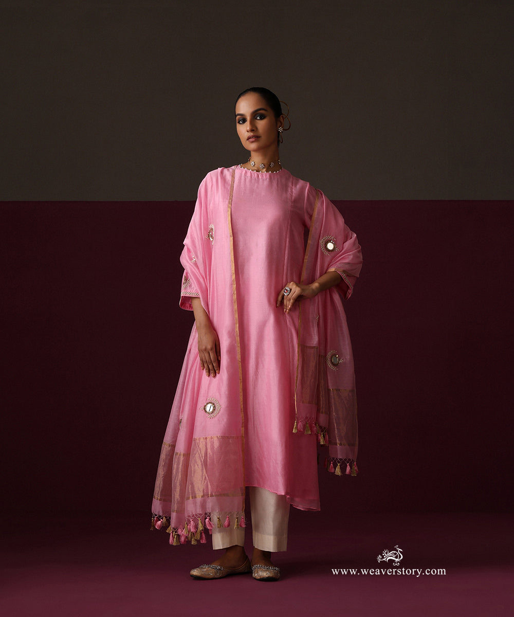Pink Chanderi suit with mirror embroidered dupatta, gold tissue border and tassels