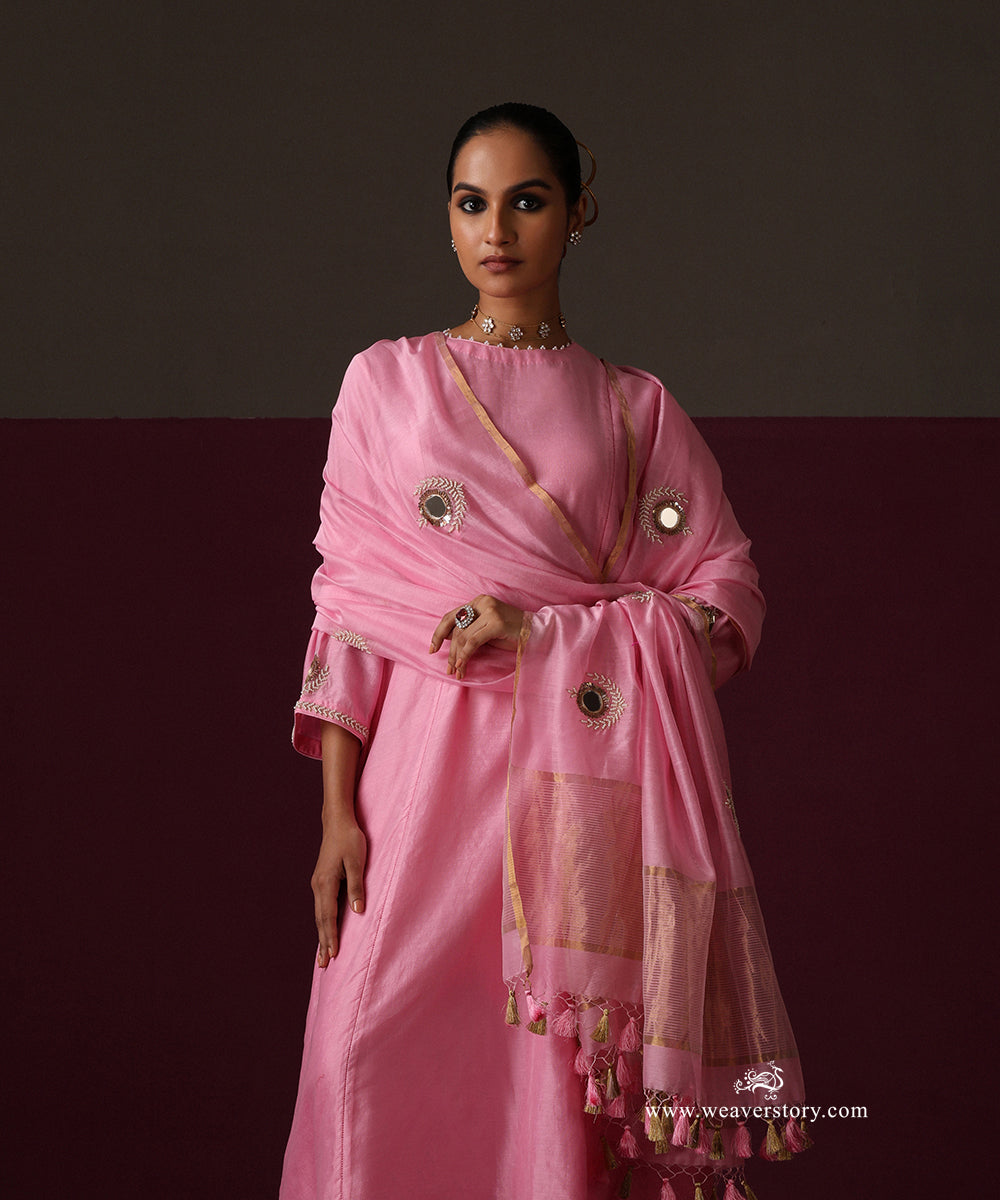 Nazneen | Pink Handwoven Chanderi Suit with Mirror Embroidered Dupatta