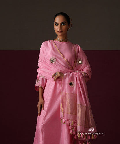 Nazneen | Pink Handwoven Chanderi Suit with Mirror Embroidered Dupatta