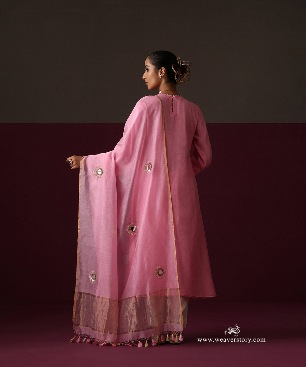 Nazneen | Pink Handwoven Chanderi Suit with Mirror Embroidered Dupatta