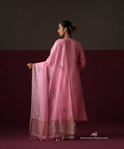 Nazneen | Pink Handwoven Chanderi Suit with Mirror Embroidered Dupatta