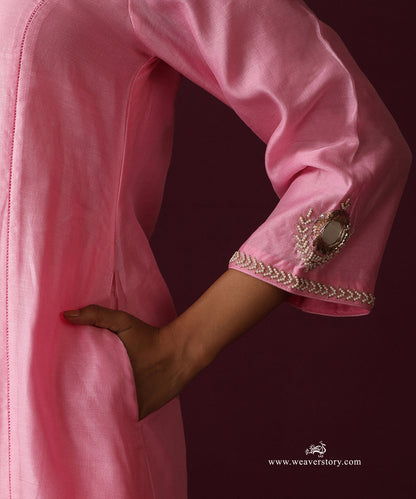 Nazneen | Pink Handwoven Chanderi Suit with Mirror Embroidered Dupatta