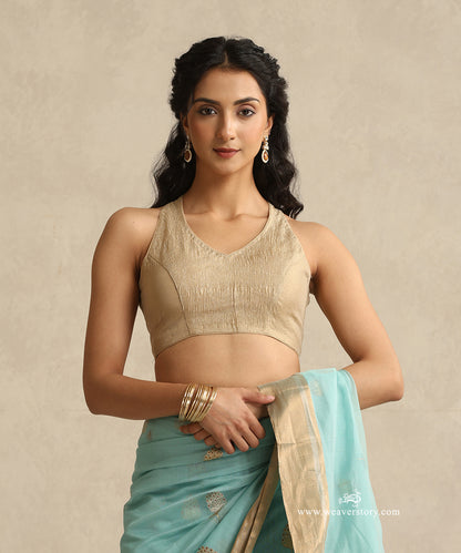 Golden_Handloom_Pure_Crush_Tissue_Chanderi_Silk_V_Neck_Sleeveless_Blouse_WeaverStory_01