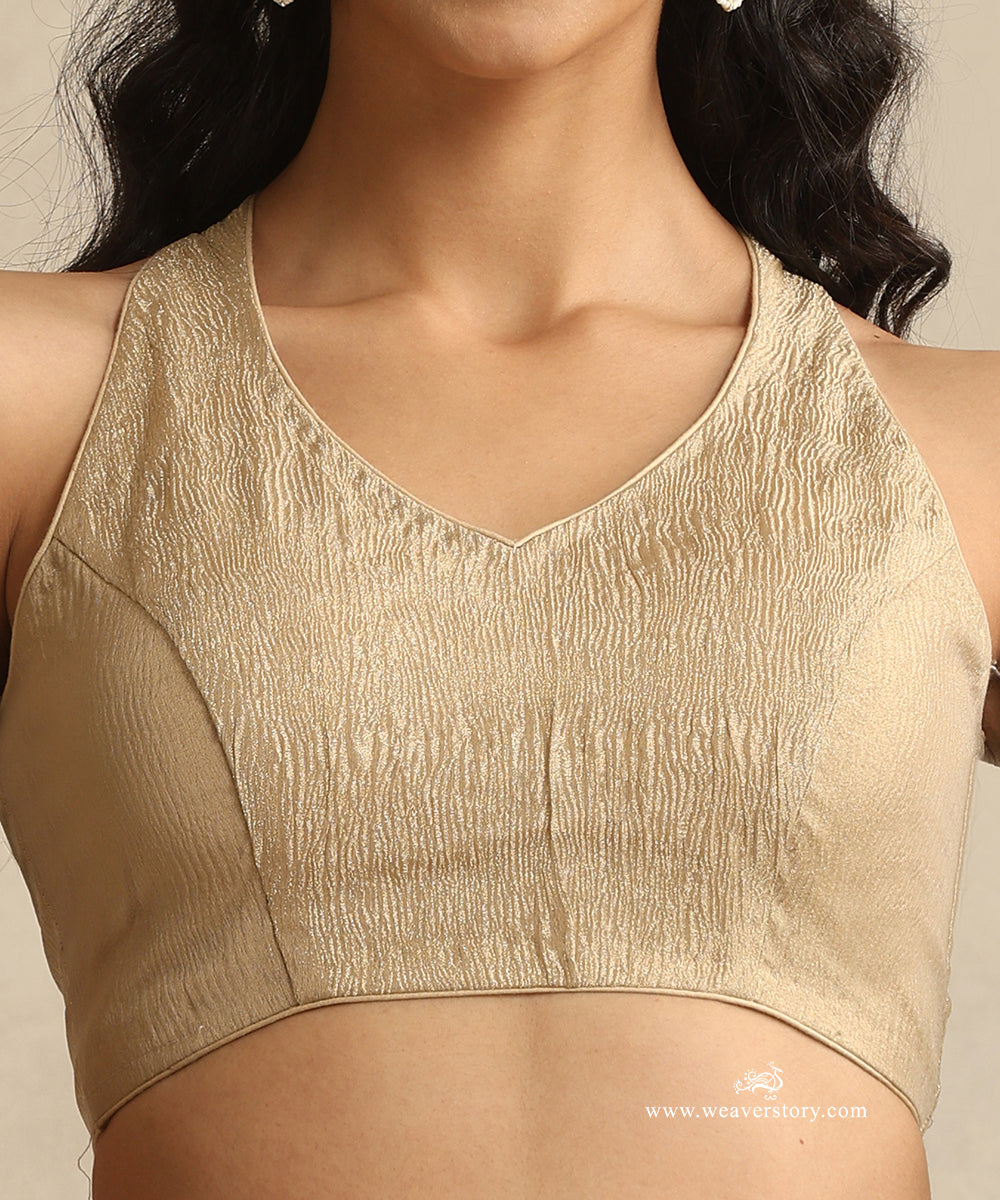 Golden_Handloom_Pure_Crush_Tissue_Chanderi_Silk_V_Neck_Sleeveless_Blouse_WeaverStory_04
