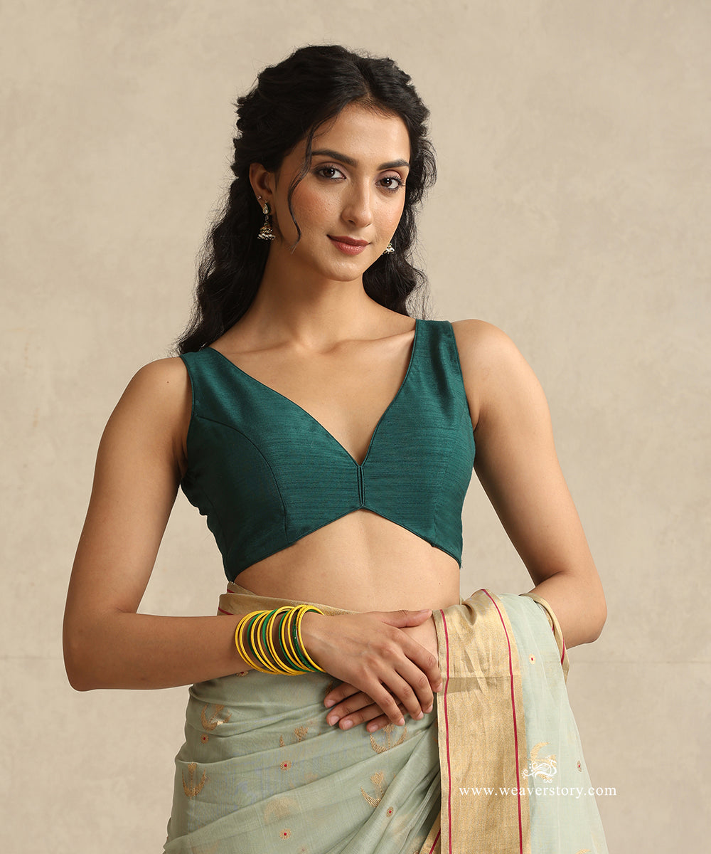 Green_Handloom_Pure_Chanderi_Silk_V_Neck_Sleeveless_Blouse_WeaverStory_01
