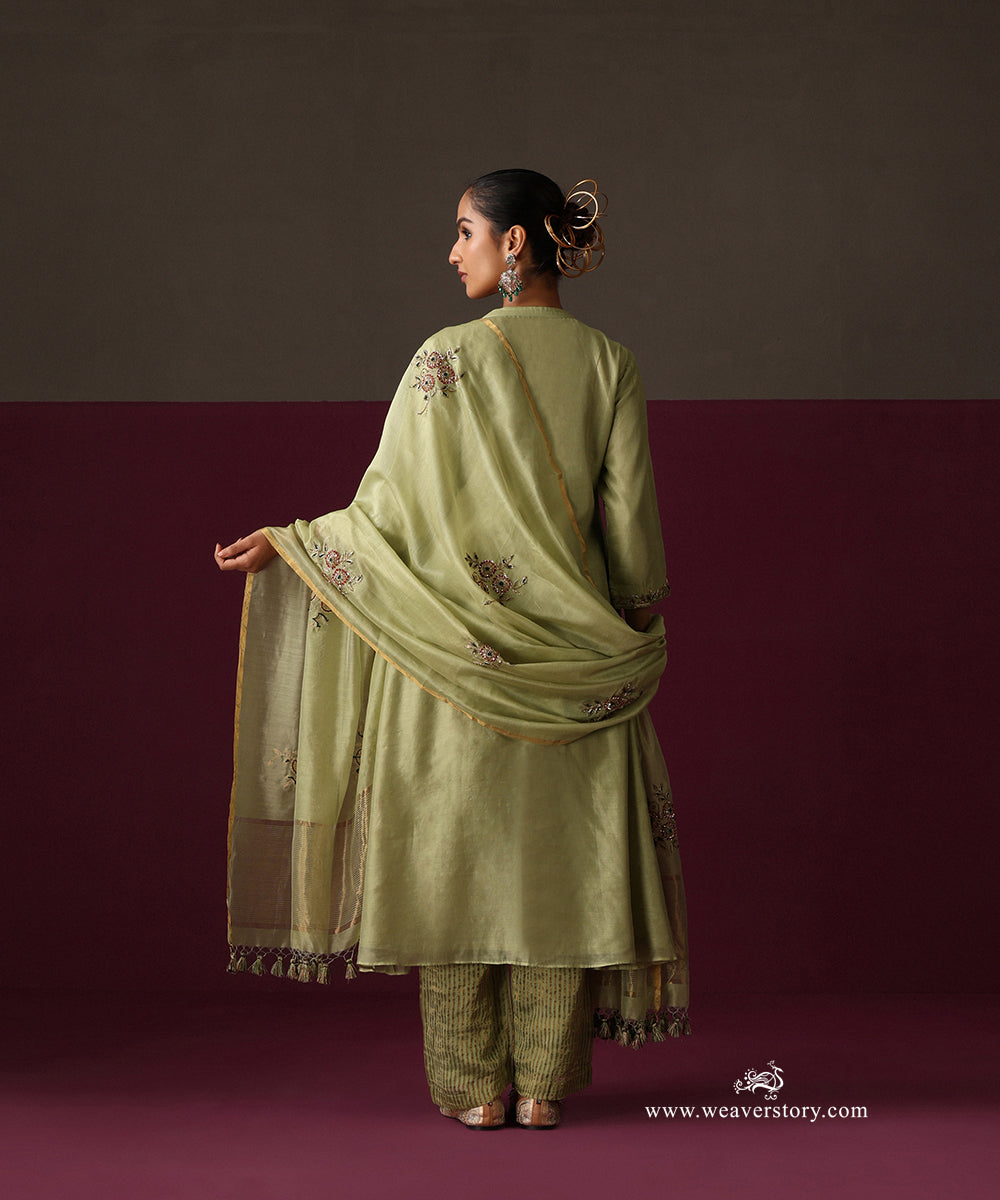 Ruhani | Pista Green Handwoven Chanderi Suit with Zardozi Dupatta