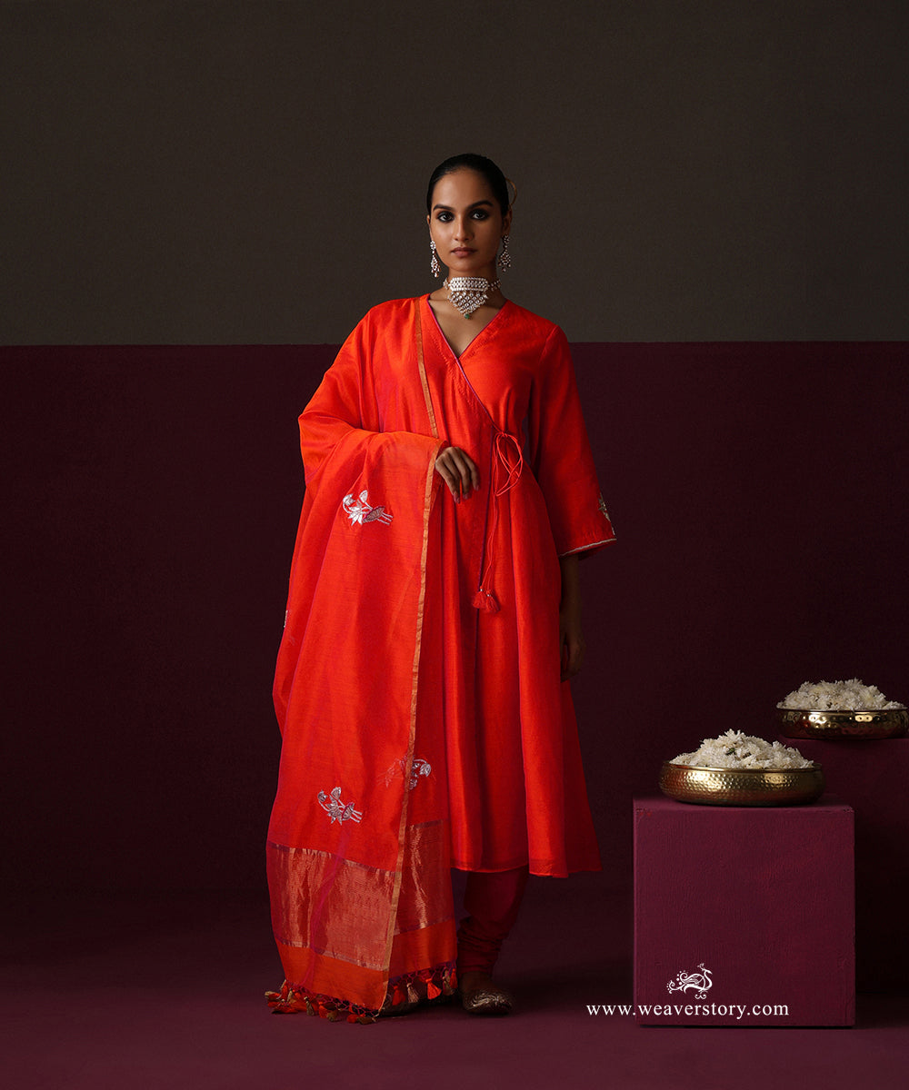 Nilofer | Orange Handwoven Chanderi Angrakha with Gota Patti Dupatta