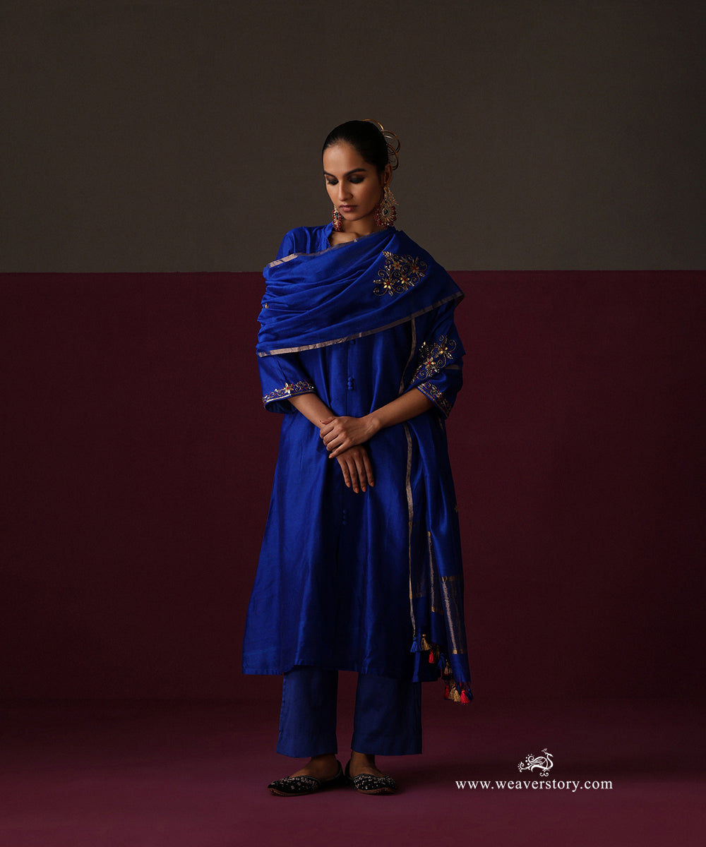 Full-length royal blue Chanderi suit with matching pants and a gold-bordered zardozi dupatta