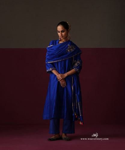 Full-length royal blue Chanderi suit with matching pants and a gold-bordered zardozi dupatta